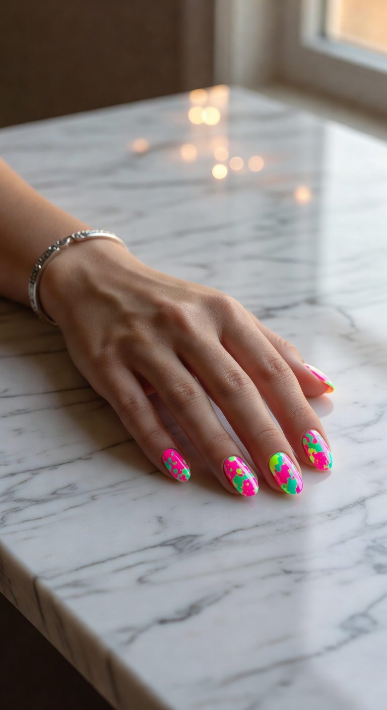 neon splatter nail art
