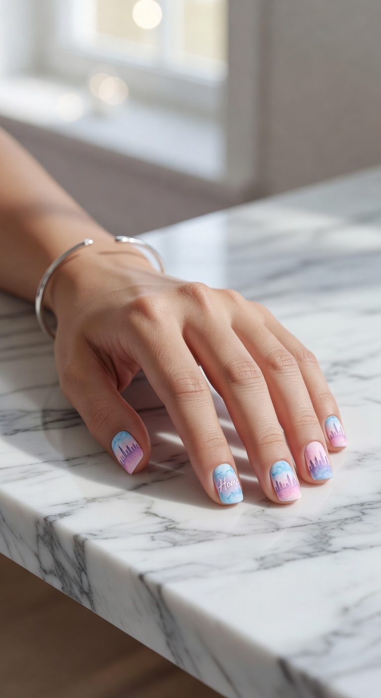 watercolor skyline nail art